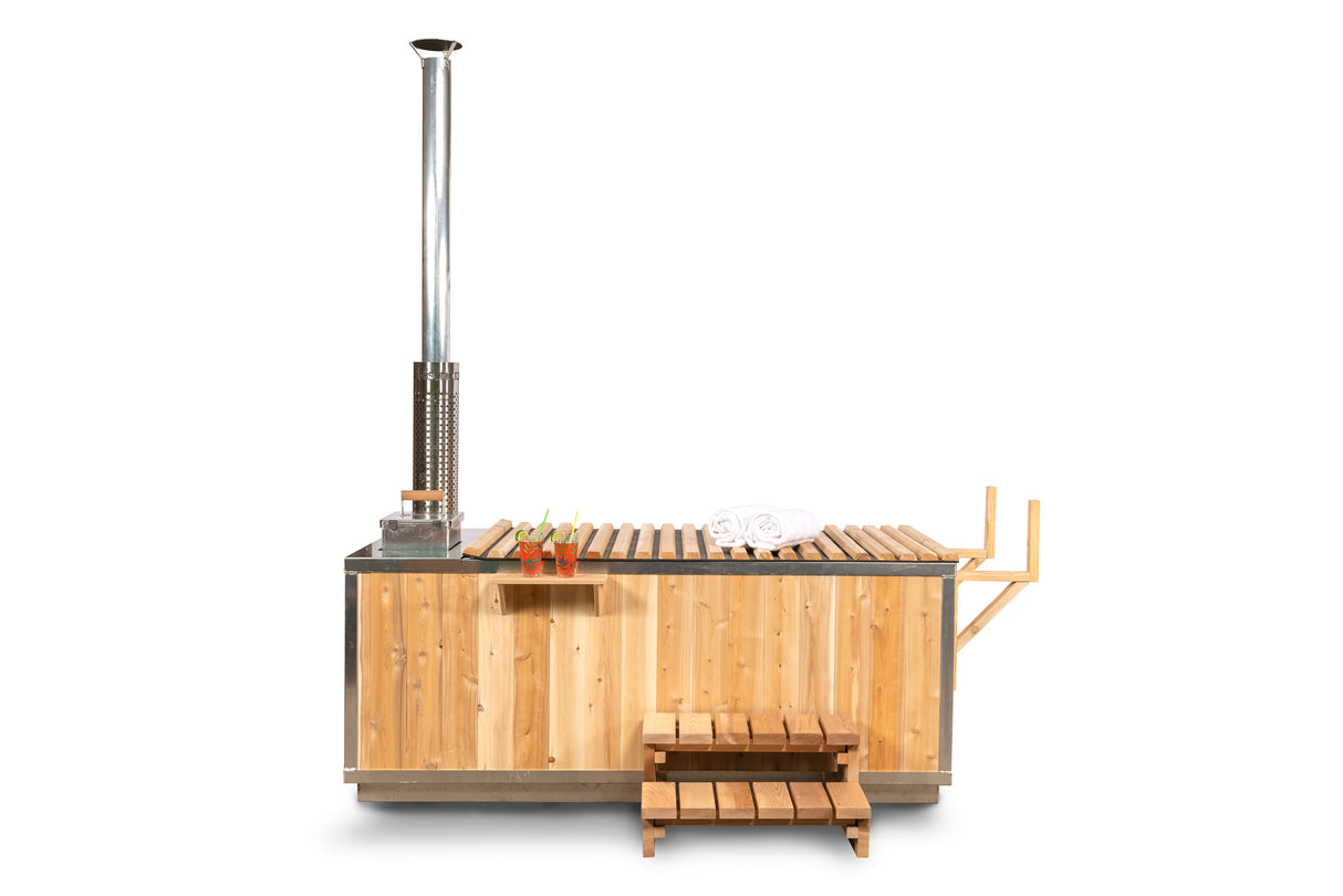 Canadian Timber Wood-Burning Hot Tub with Roll-Up Cover Kit - High-quality outdoor hot tub made from Canadian timber, complete with a convenient roll-up cover kit for easy access and maintenance.
