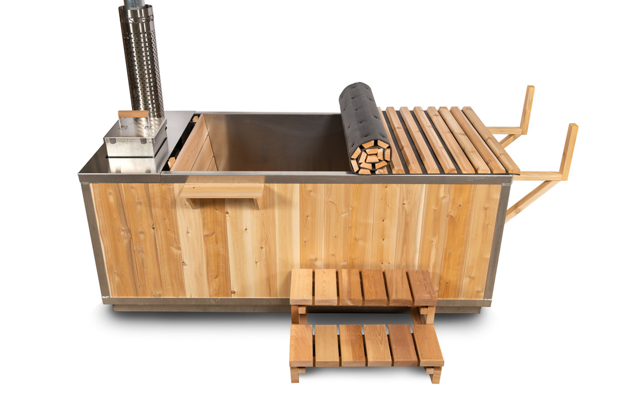 Canadian Timber Wood-Burning Hot Tub with Roll-Up Cover Kit - Relax and unwind in a rustic wood-fired hot tub, perfect for your backyard sanctuary.