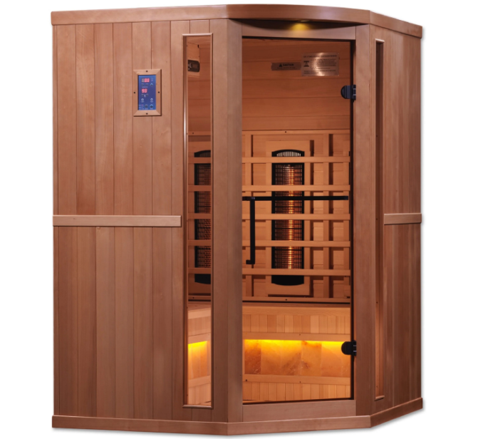 Golden Designs 3-Person Corner Full Spectrum PureTech™ Near Zero EMF FAR Infrared Sauna with Himalayan Salt Bar Canadian Hemlock
