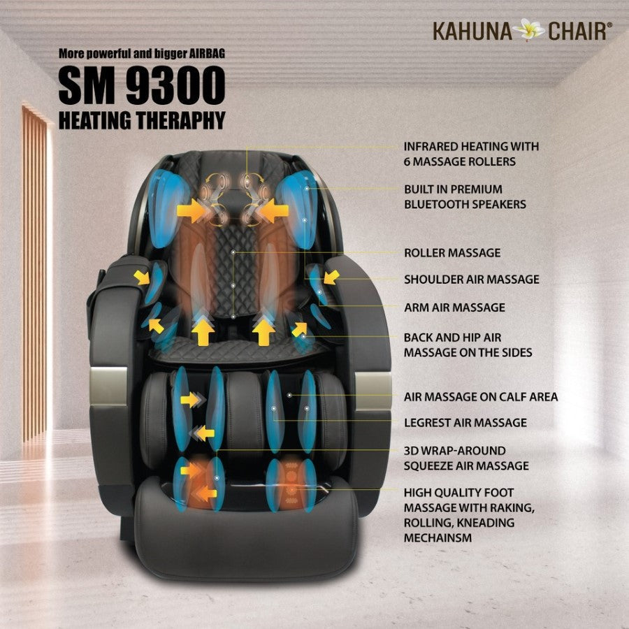 Kahuna SM-9300 massage chair in reclined position with all air float flex settings on