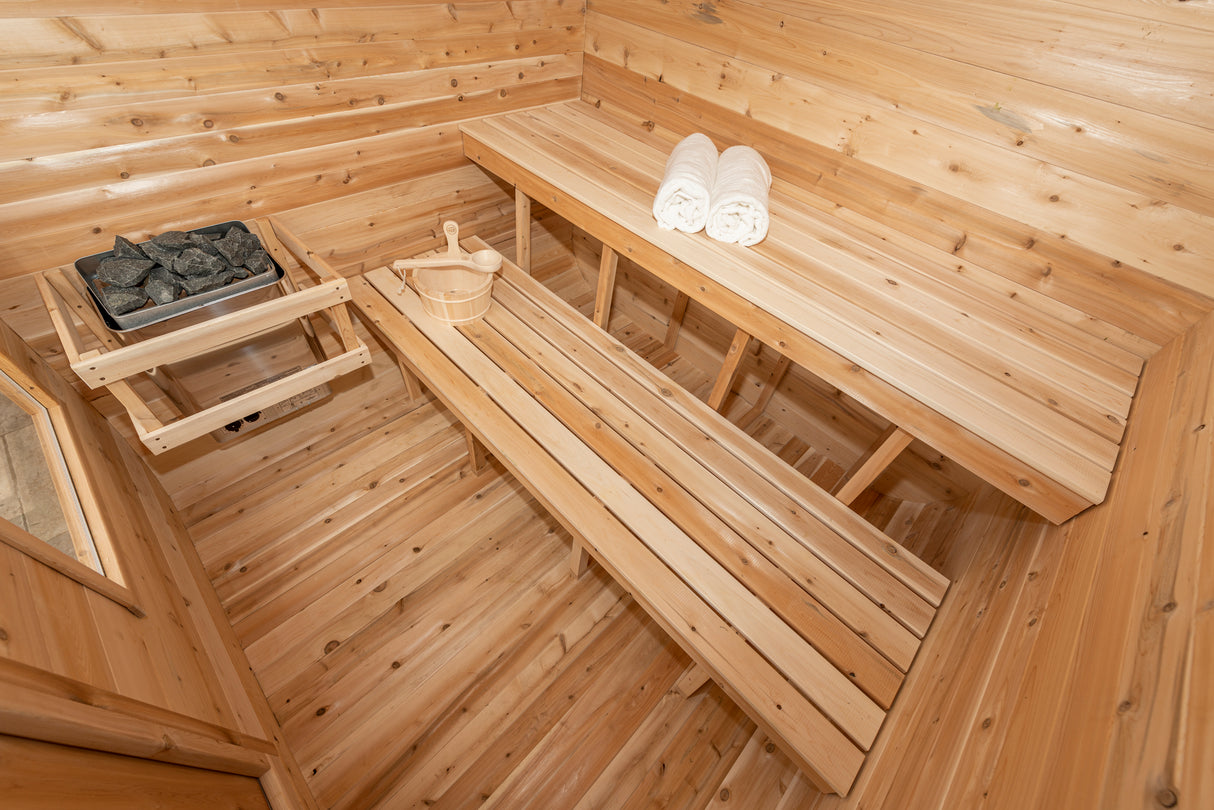 Dundalk Leisurecraft Canadian Timber 4-Person Luna Sauna - A luxurious sauna designed for relaxation and comfort at Aurora Sanctuary