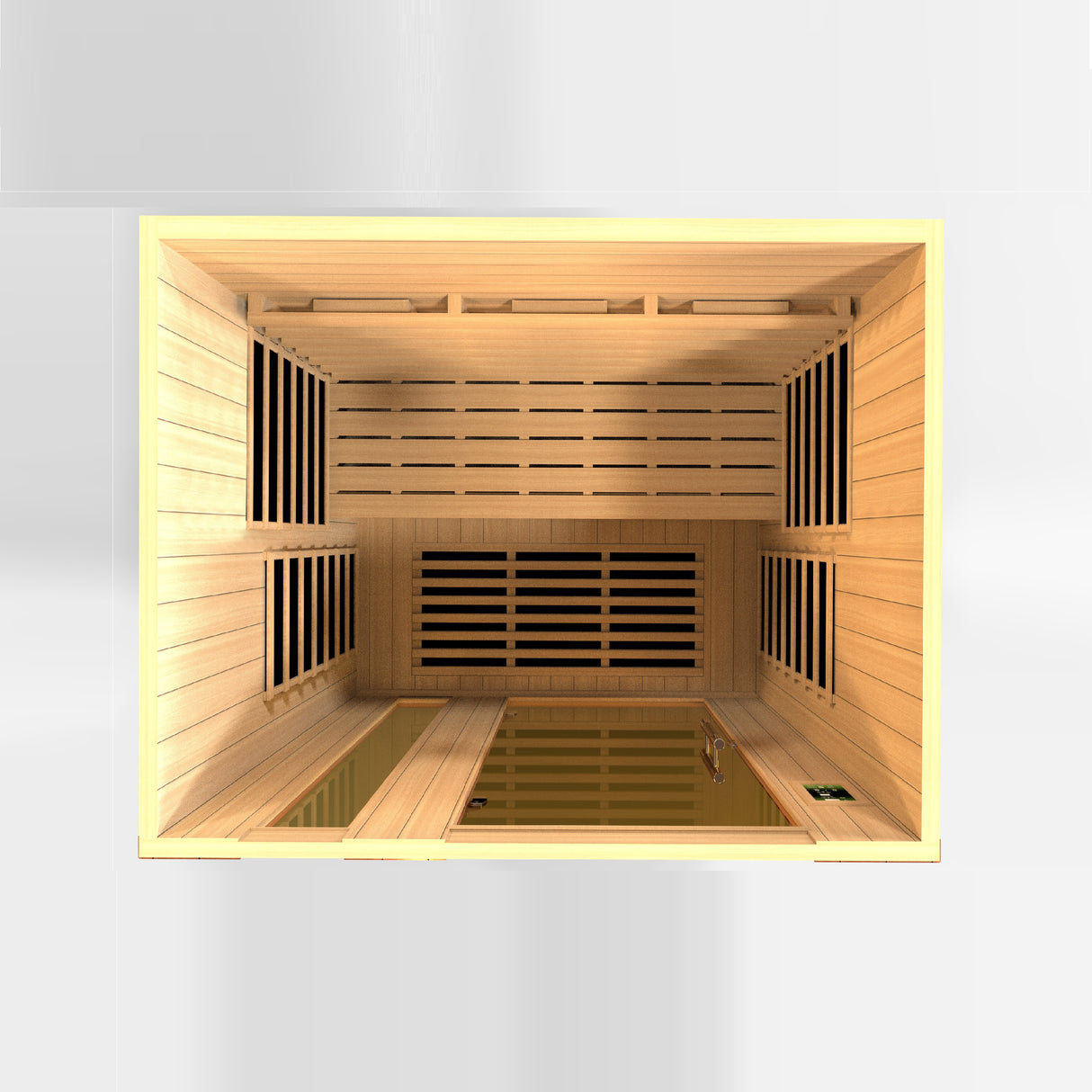 Dynamic Lugano 3-Person Zero EMF Far Infrared Sauna - Interior view showcasing comfortable seating and sauna design at Aurora Sanctuary