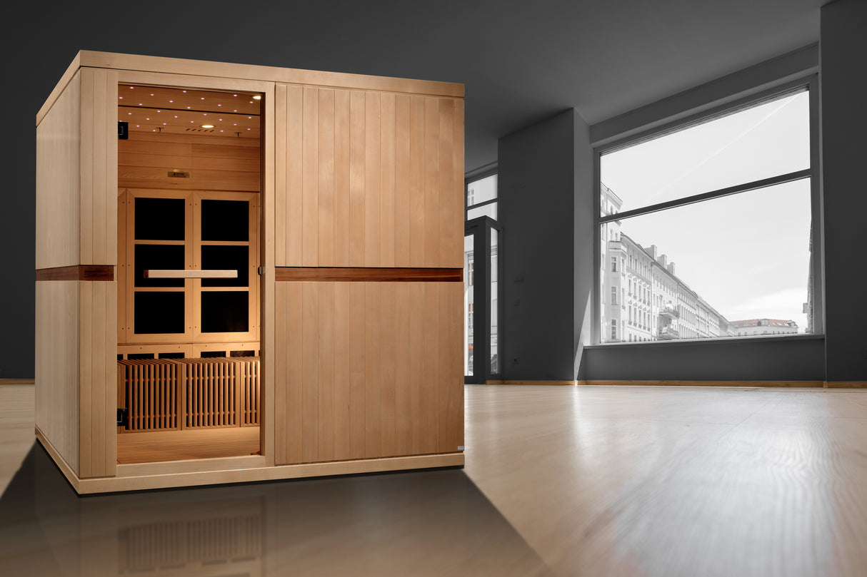 GOLDEN DESIGNS CATALONIA 8-PERSON PureTech™ NEAR ZERO EMF UNDER 2MG FAR INFRARED SAUNA CANADIAN HEMLOCK