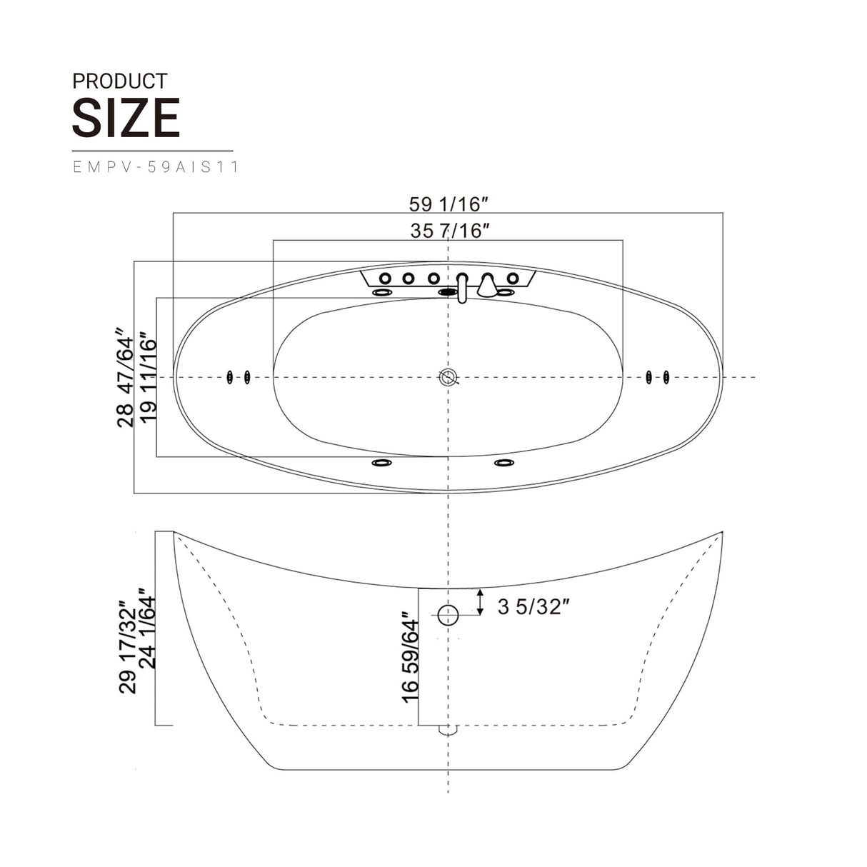 EMPAVA 59AIS11 59 IN. WHIRLPOOL FREESTANDING ACRYLIC BATHTUB