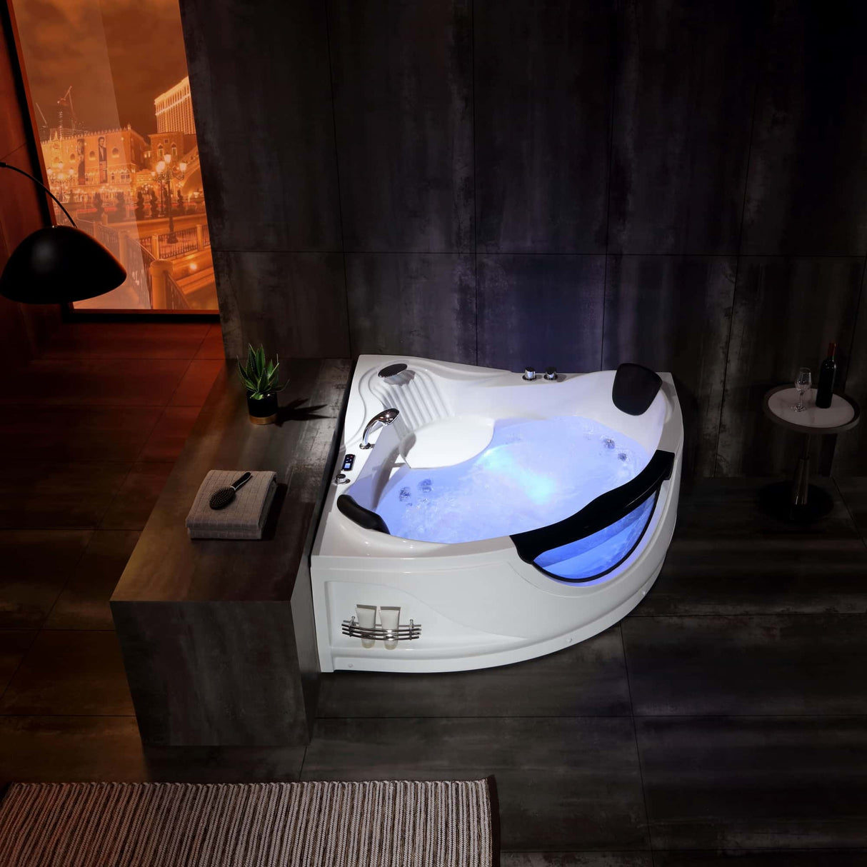 Empava 59JT319LED 59-In Whirlpool Corner Bathtub in a serene sanctuary setting at Aurora Sanctuary