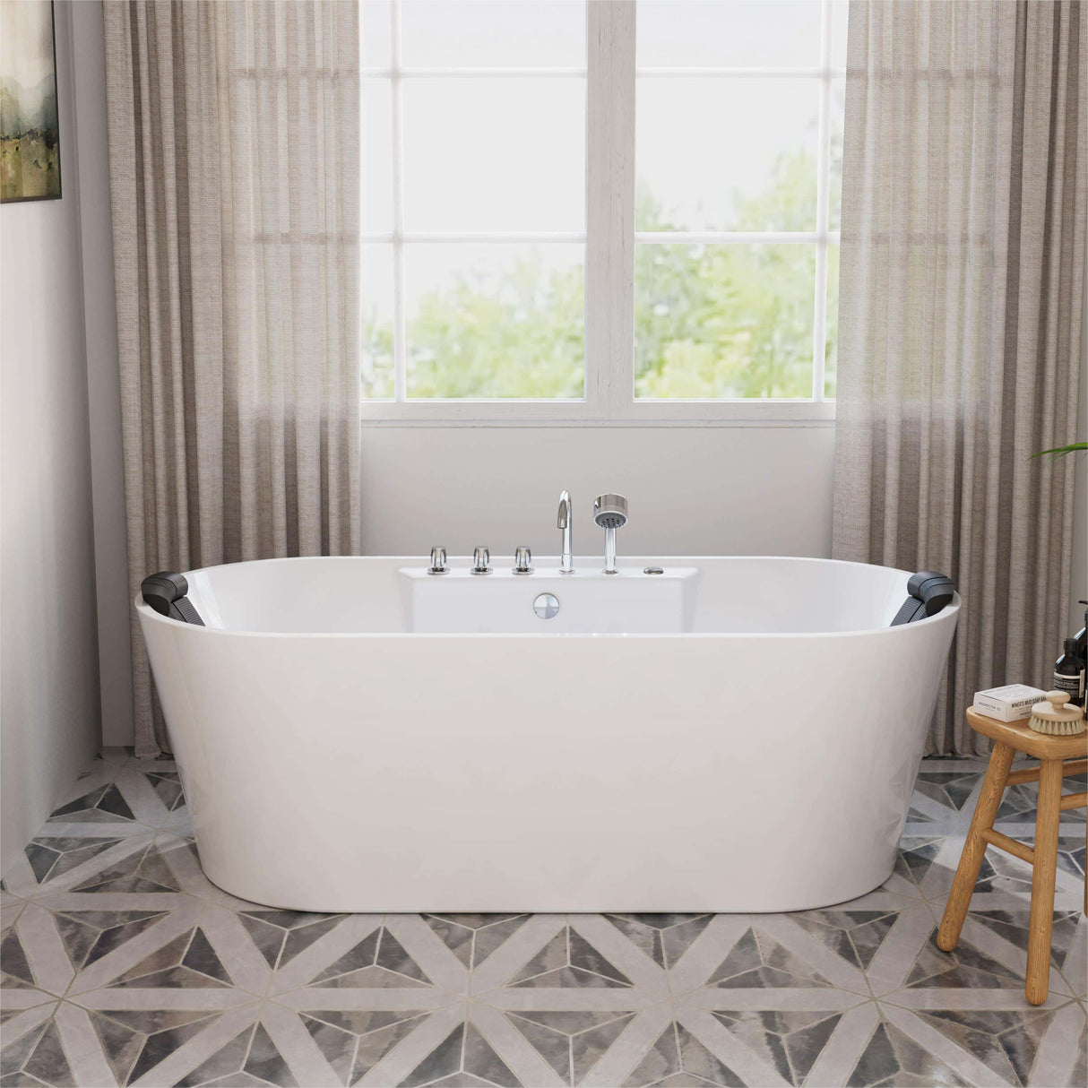 Empava 67AIS01 freestanding hydromassage oval double-ended bathtub in a luxurious bathroom setting at Aurora Sanctuary