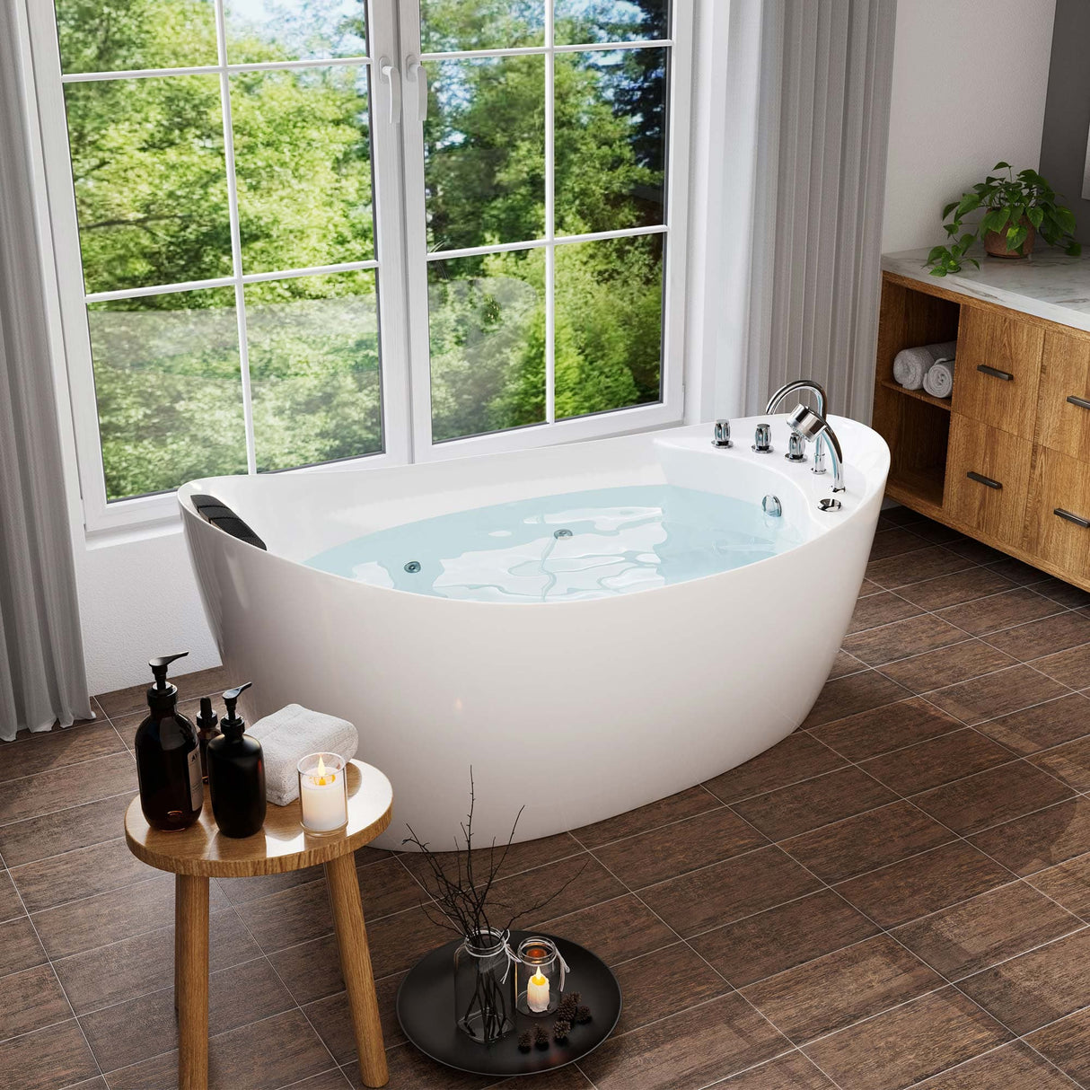 Empava 67AIS02 Freestanding Whirlpool Bathtub in a luxurious setting at Aurora Sanctuary - Oval Single-Ended HydroMassage Acrylic Bathtub