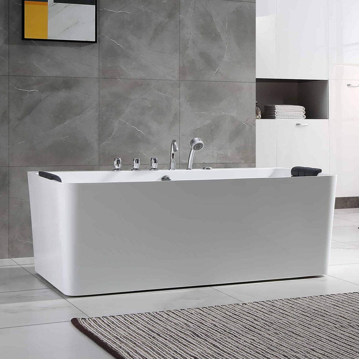 Empava 67AIS03 67-Inch Whirlpool Freestanding Bathtub in a serene bathroom scene at Aurora Sanctuary