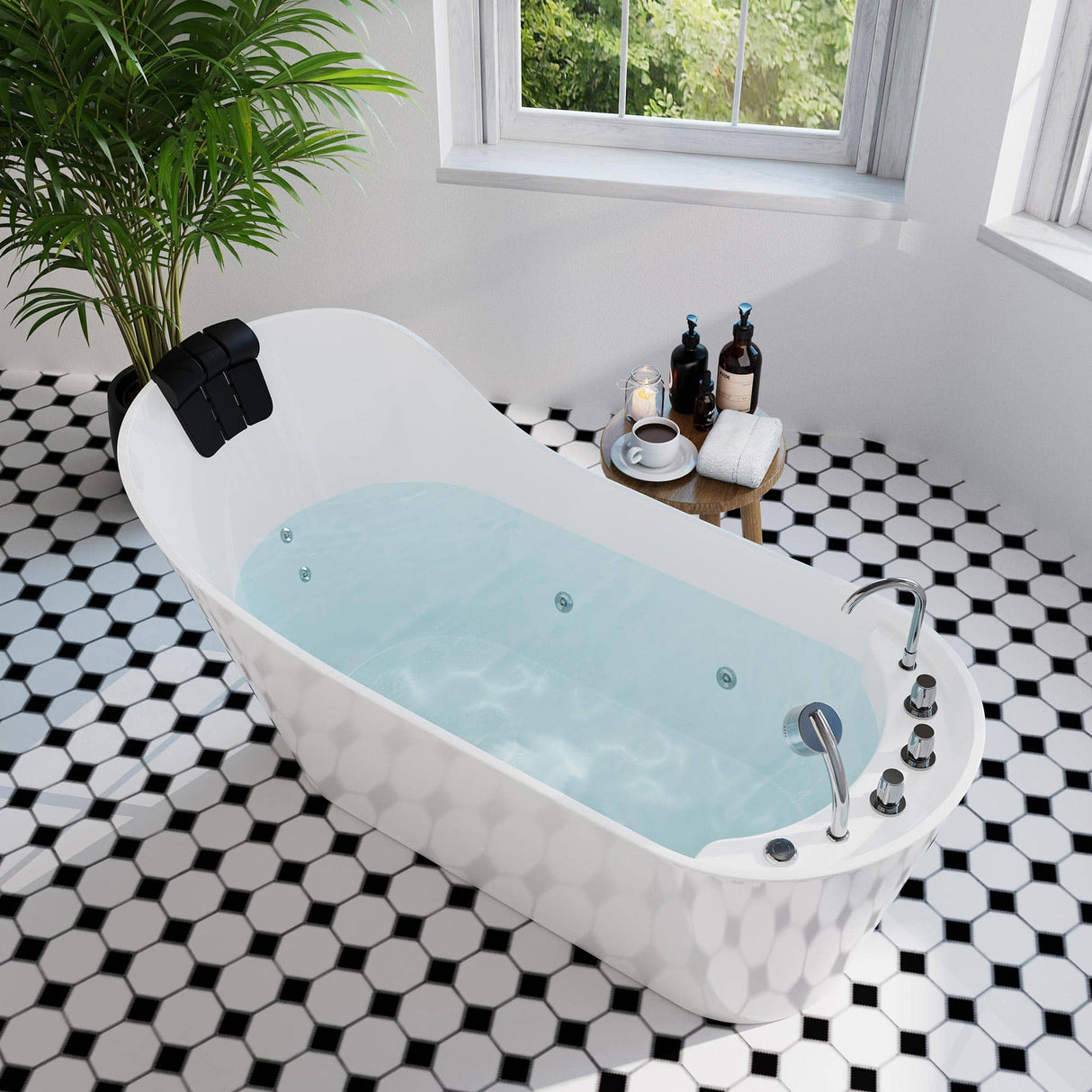 Empava 67AIS09 67-Inch Whirlpool Freestanding Acrylic Bathtub in a luxurious bathroom setting at Aurora Sanctuary