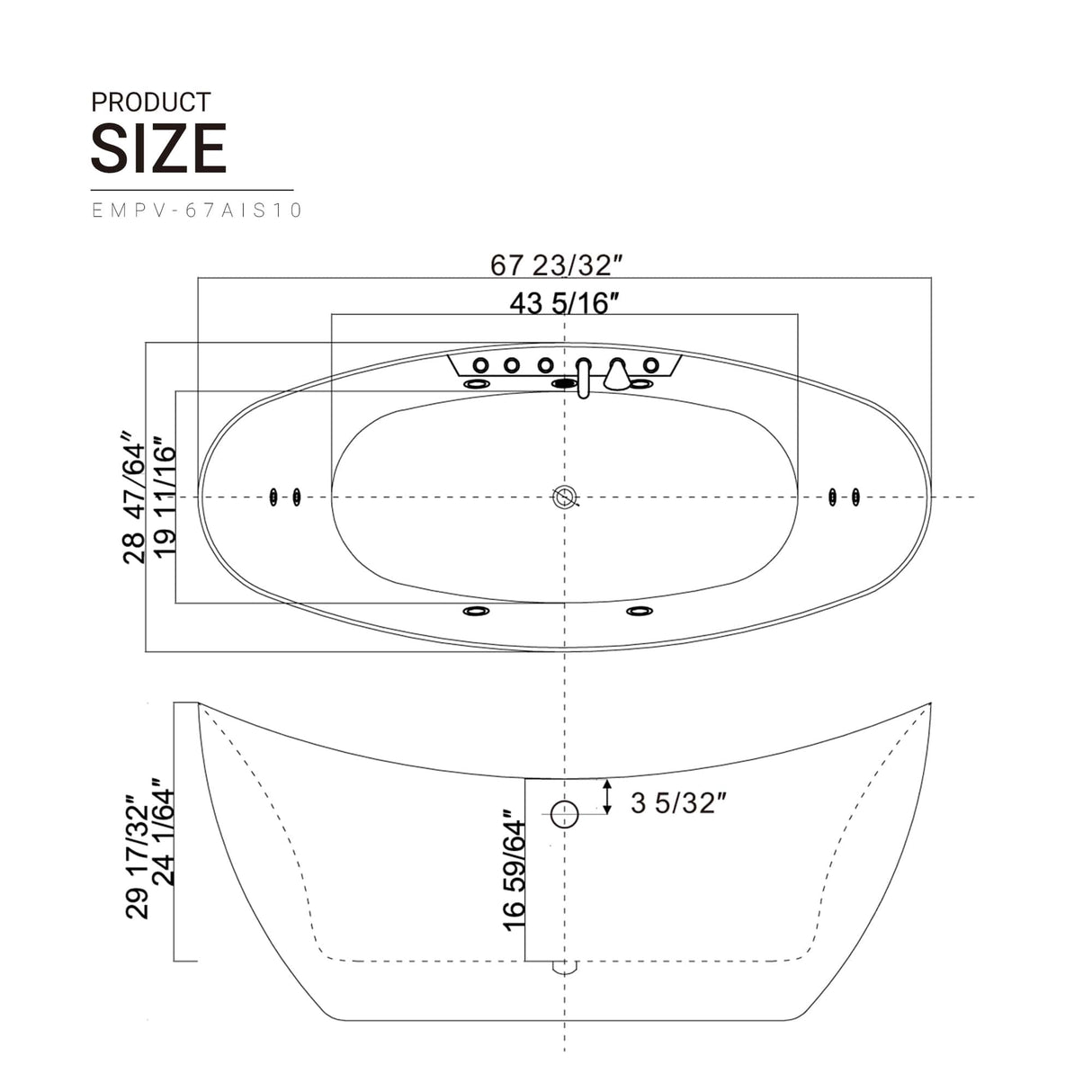 EMPAVA 67AIS10 67 IN. WHIRLPOOL FREESTANDING ACRYLIC BATHTUB