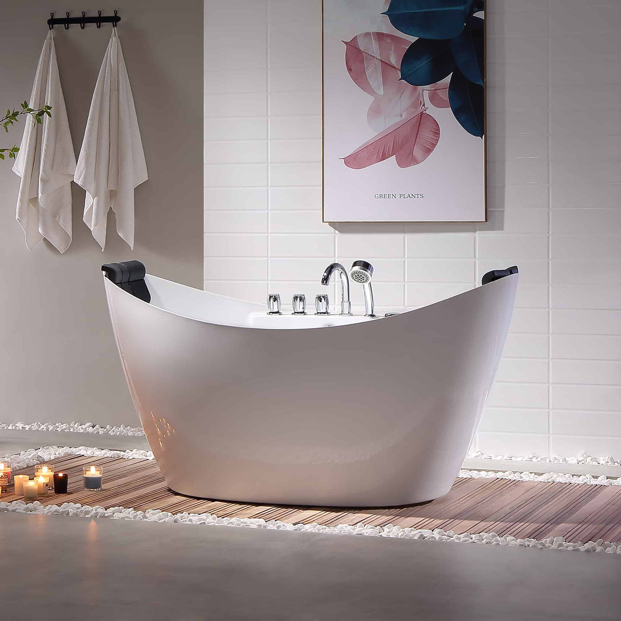 Empava 67AIS10 Whirlpool Freestanding Acrylic Bathtub in a relaxing bathroom scene at Aurora Sanctuary