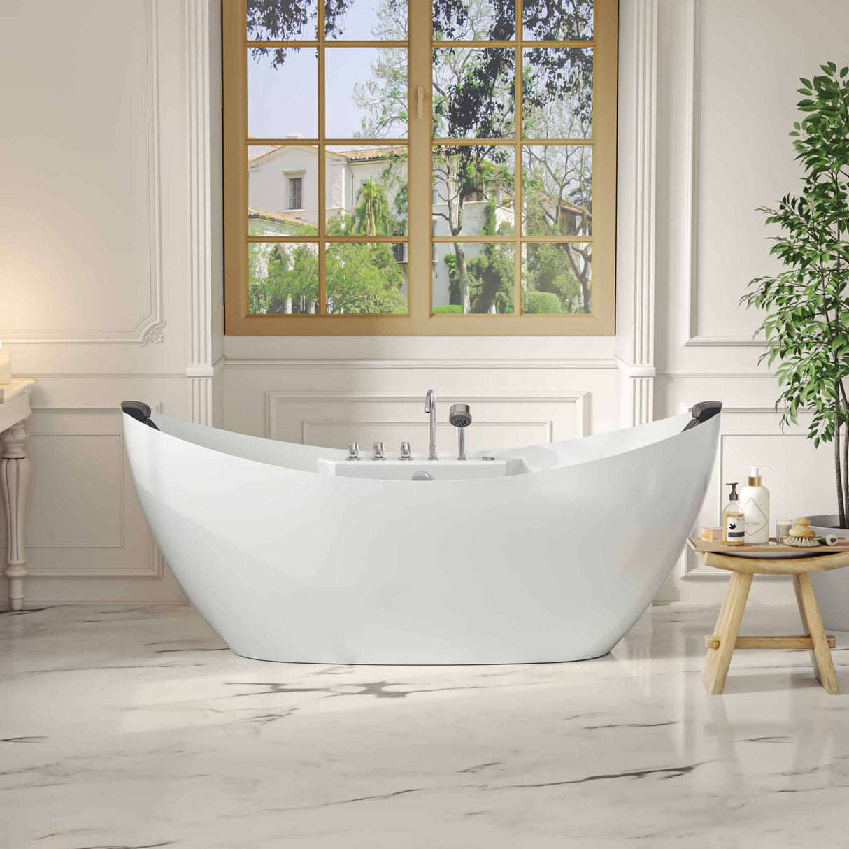 Empava 67AIS10 Whirlpool Freestanding Acrylic Bathtub in a luxurious hydromassage scene at Aurora Sanctuary - Oval Double-Ended Design