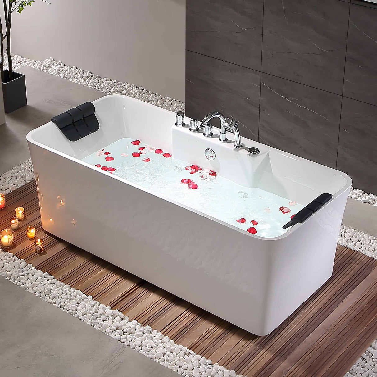 Empava 67 Freestanding Whirlpool Acrylic Hydromassage Bathtub in a luxurious bathroom scene