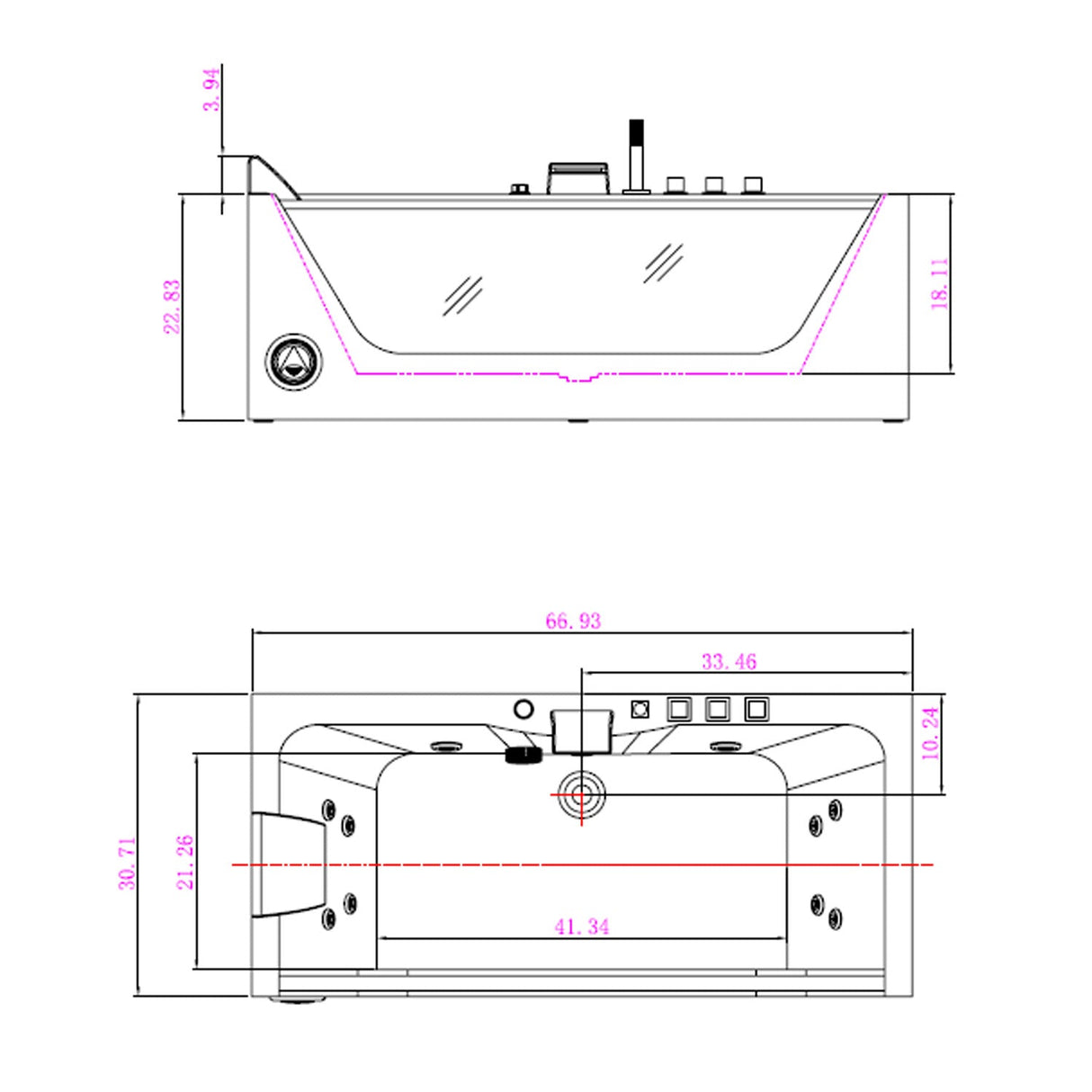 Empava 67JT408LED 67-In Whirlpool Bathtub with Chromatherapy - Luxurious relaxation in a stylish acrylic rectangular tub