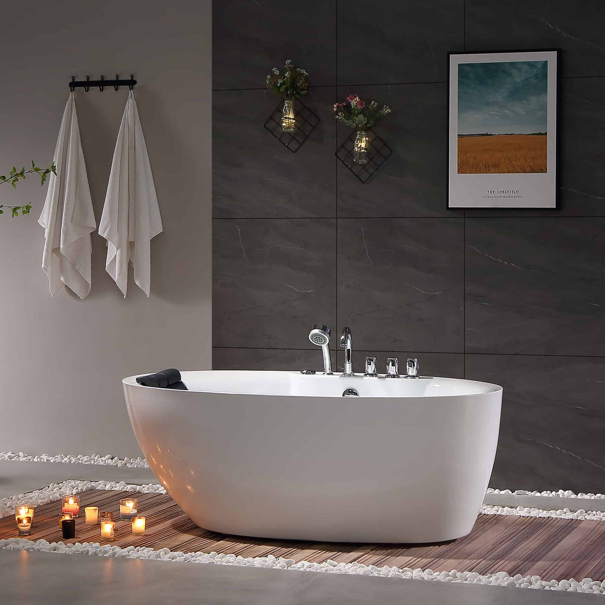 Empava 71AIS14 71-Inch Freestanding Acrylic Bathtub in a serene scene at Aurora Sanctuary