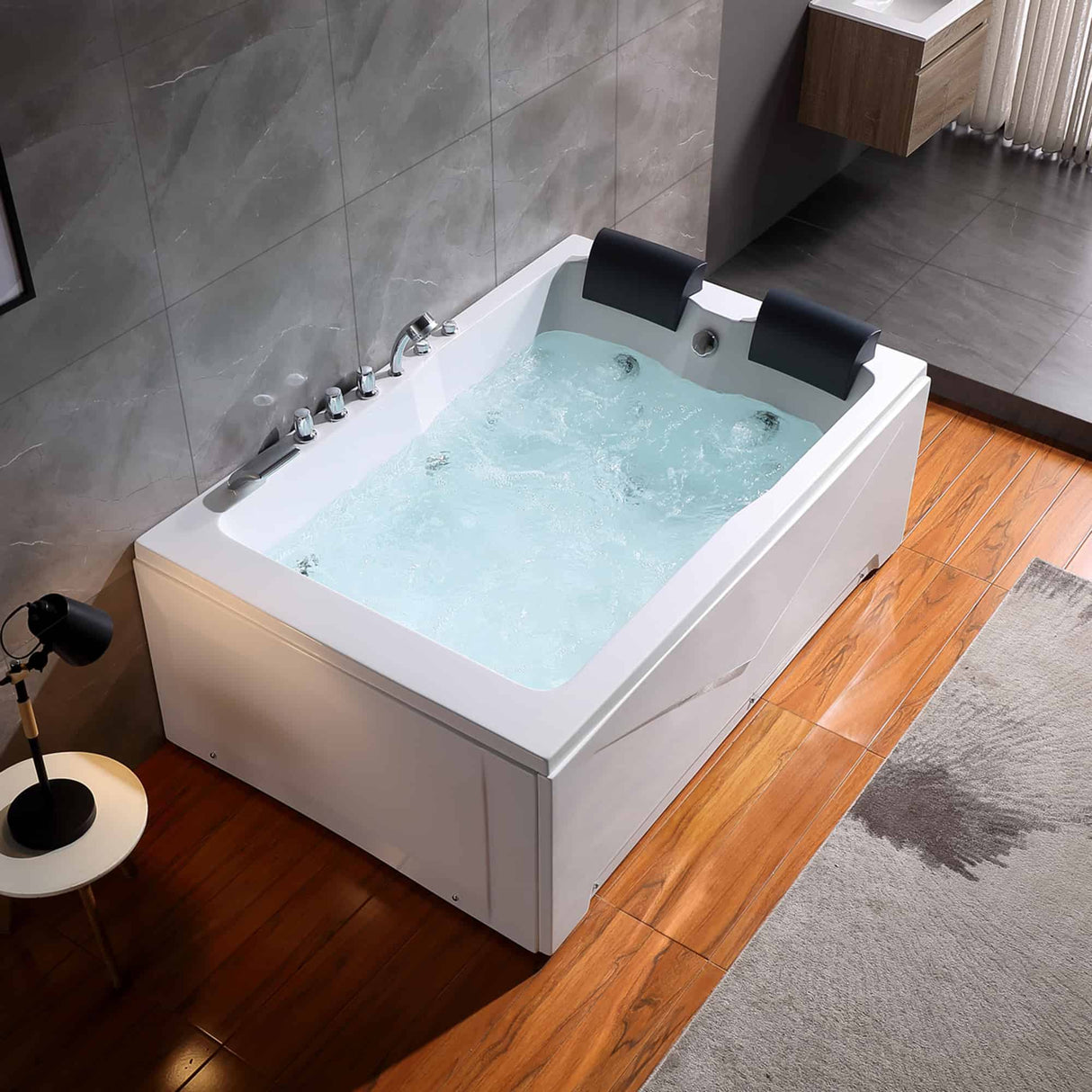 Empava 71JT667B 71-In Alcove Whirlpool Luxury 2-Person Hydromassage Tub in a serene bathroom setting