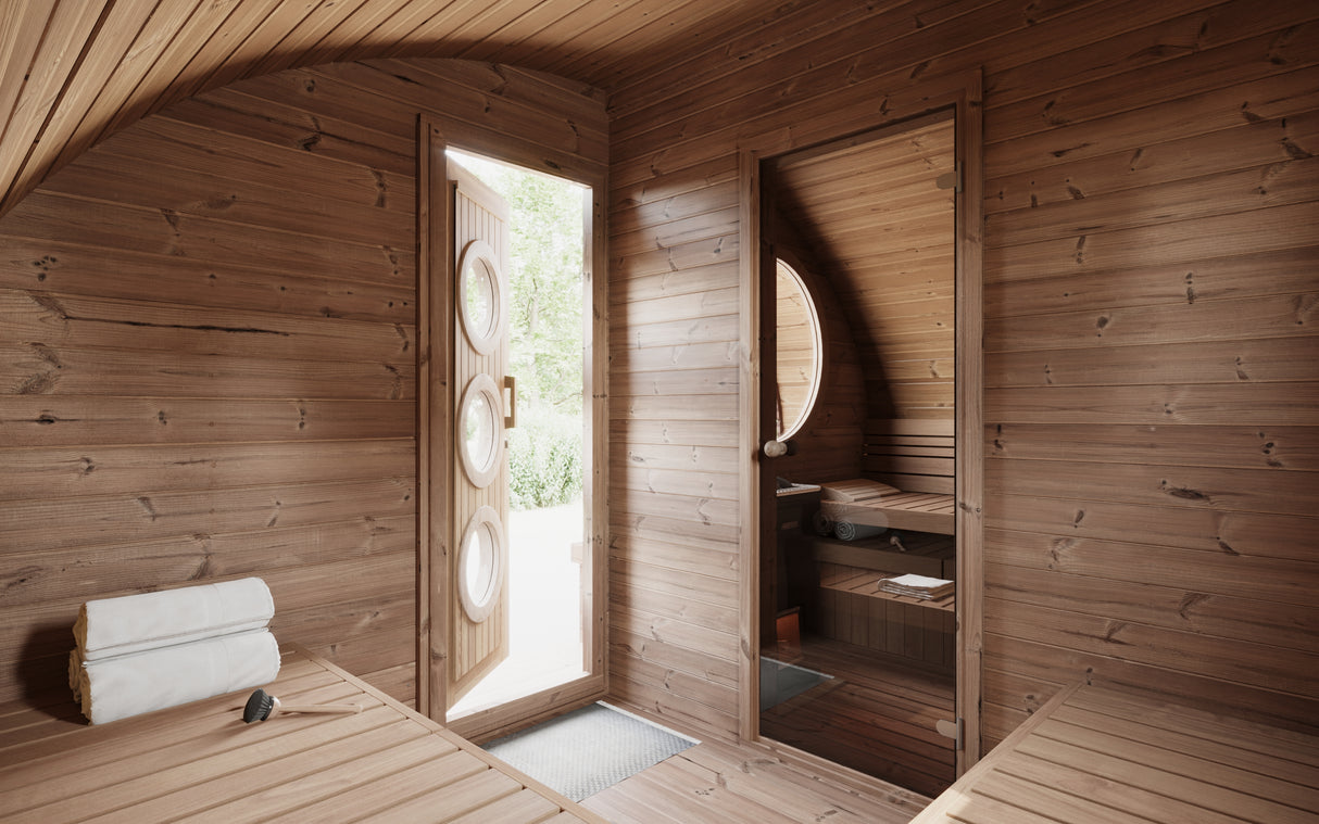 Saunalife Outdoor Hobhouse Barrel Sauna with Changing Room. Shop now at Aurora Sanctuary.