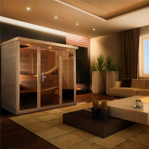 Golden Designs 6-Person Full Spectrum PureTech™ Near Zero EMF FAR Infrared Sauna with Himalayan Salt Bar Canadian Hemlock