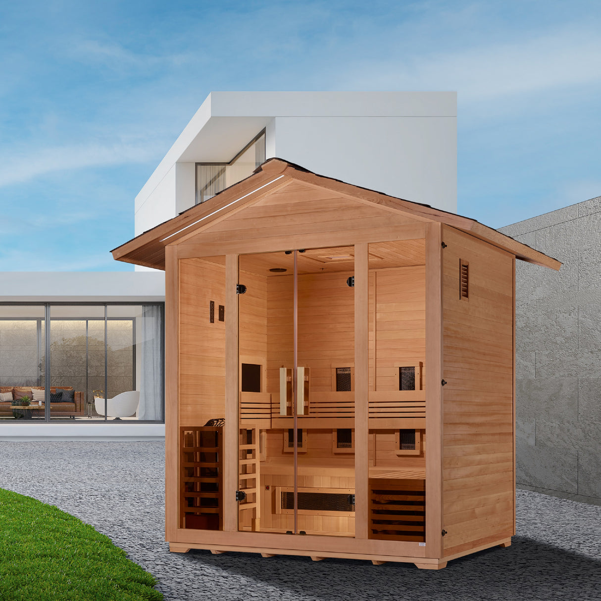 Golden Designs "Gargellen" 5 Person Hybrid PureTech™ Full Spectrum IR or Traditional Stove Outdoor Sauna - Canadian Hemlock