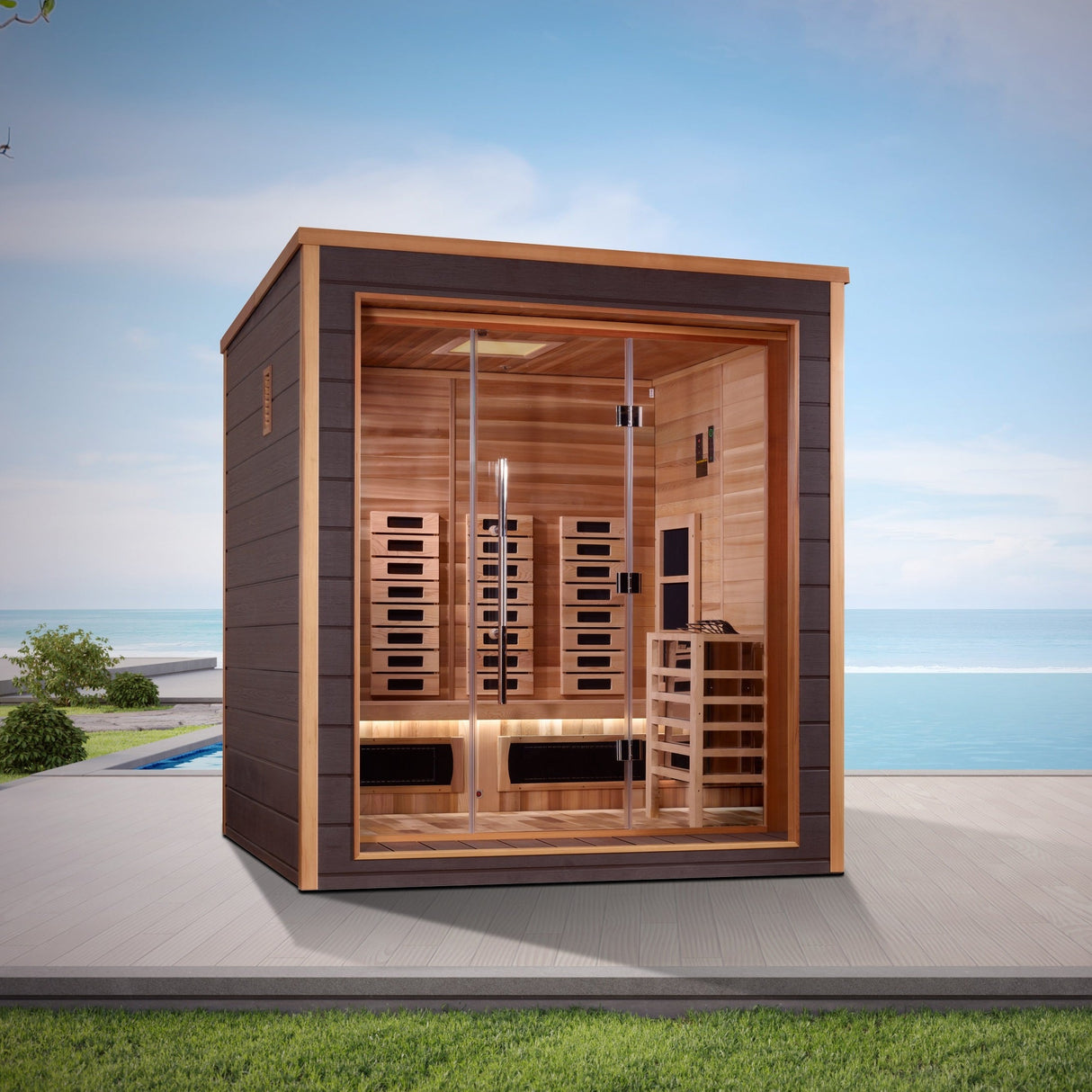 Golden Designs Visby 3 Person Outdoor-Indoor PureTech™ Hybrid Full Spectrum Sauna GDI-8223-01 - Canadian Red Cedar Interior