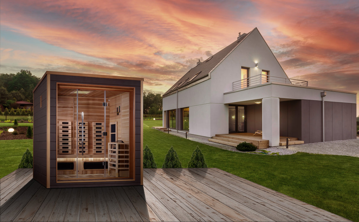 Golden Designs Visby 3 Person Outdoor-Indoor PureTech™ Hybrid Full Spectrum Sauna GDI-8223-01 - Canadian Red Cedar Interior