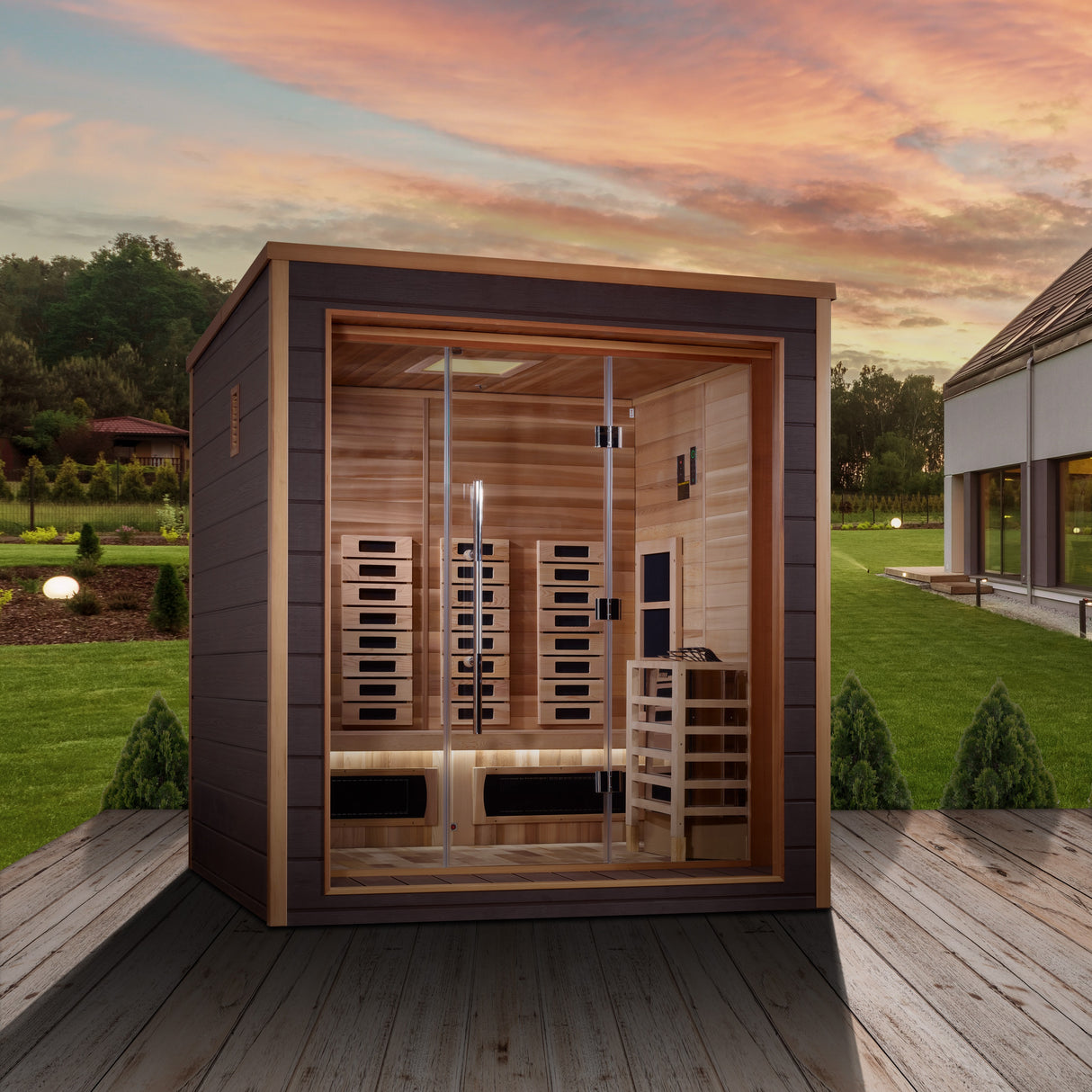 Golden Designs Visby 3 Person Outdoor-Indoor PureTech™ Hybrid Full Spectrum Sauna GDI-8223-01 - Canadian Red Cedar Interior