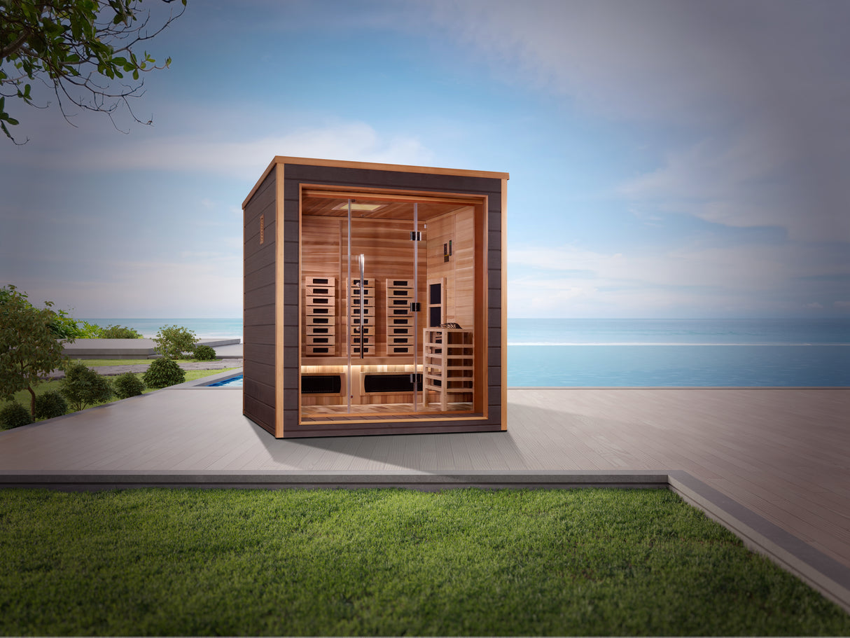 Golden Designs Visby 3 Person Outdoor-Indoor PureTech™ Hybrid Full Spectrum Sauna GDI-8223-01 - Canadian Red Cedar Interior