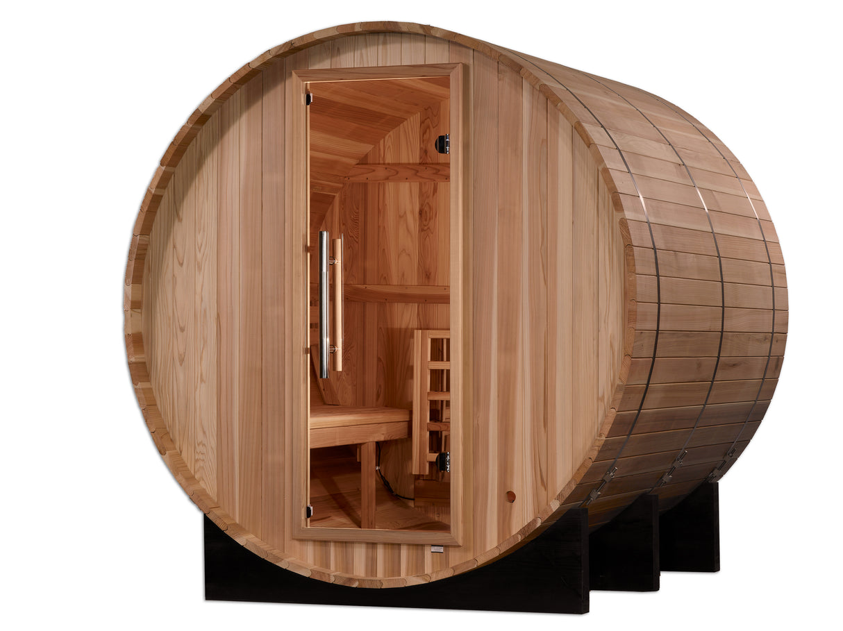 Golden Designs Arosa 4-Person Barrel Sauna made of Pacific Cedar - Outdoor Home Sauna for Relaxation and Wellness