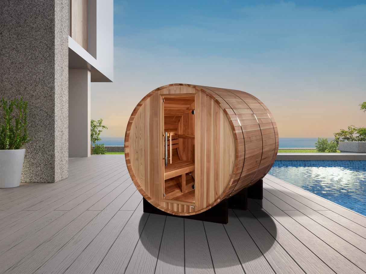 Golden Designs Arosa 4-Person Barrel Sauna in Pacific Cedar - Relax and unwind in style with this luxurious sauna