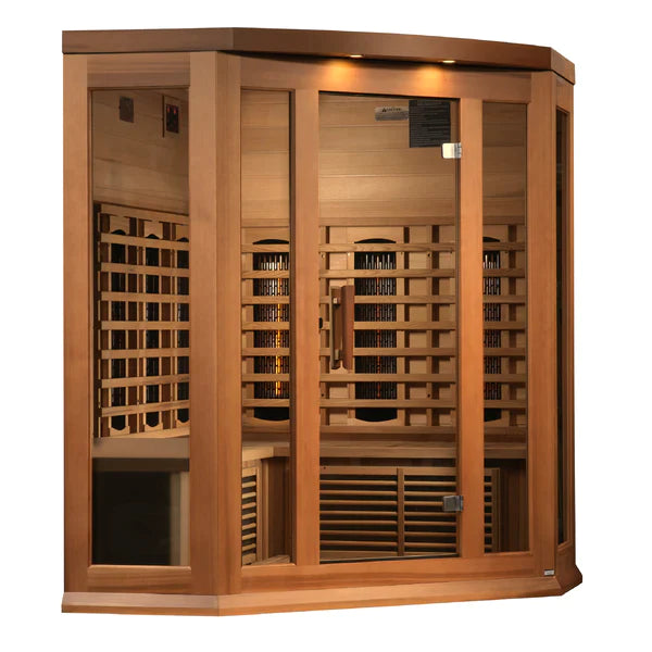 Durable red cedar 3x3 corner infrared sauna - Maxxus 3-Person sauna with near zero EMF technology.
