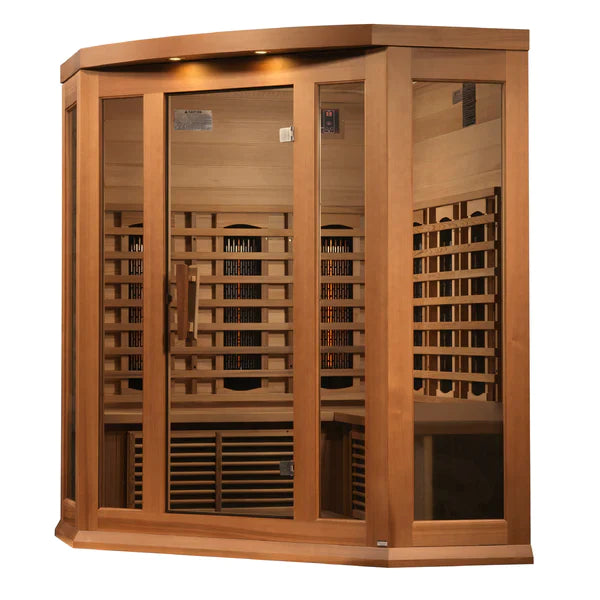 Maxxus 3-Person Corner Infrared Sauna with Near Zero EMF in Red Cedar - Relaxation and Health Benefits in Home Spa