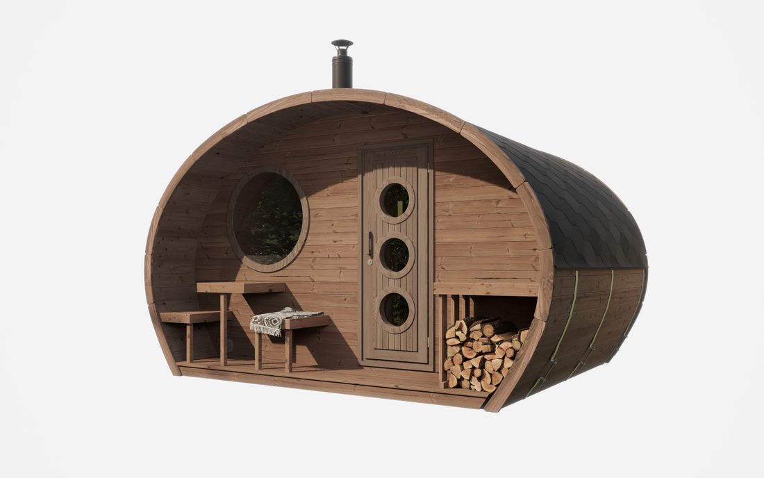 Saunalife Outdoor Hobhouse Barrel Sauna with Changing Room - Experience ultimate relaxation in this unique sauna design ideal for outdoor spaces.