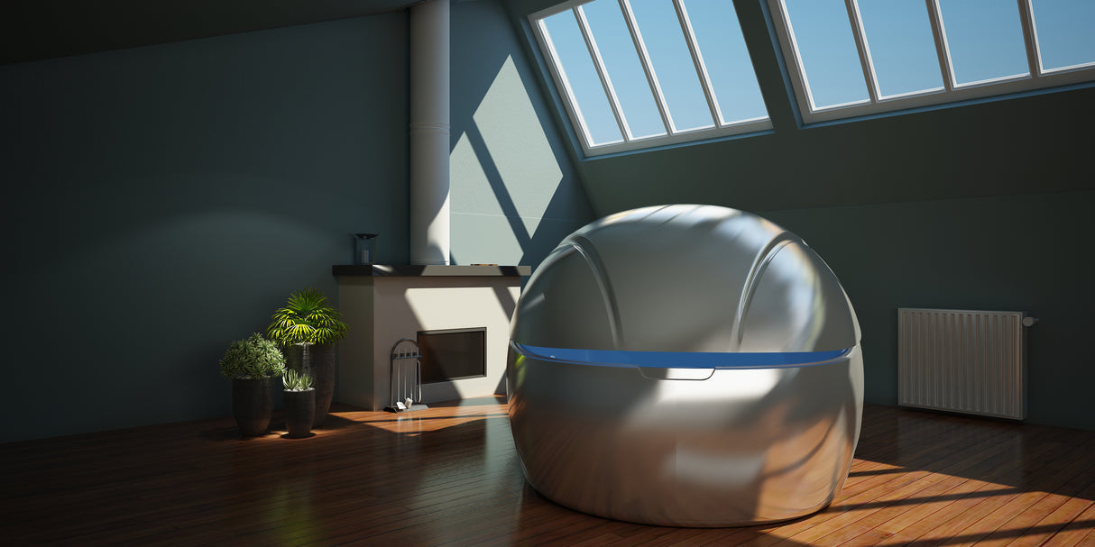 Dreampod VMAX silver float pod in luxurious spa setting at Aurora Sanctuary, offering ultimate sensory deprivation experience for relaxation and wellness.