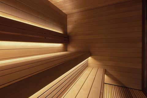 SaunaLife Garden Series: 6-person outdoor sauna with interior benches in a serene setting at Aurora Sanctuary
