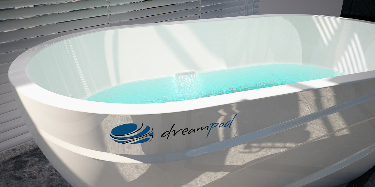 Close up view of Dream Pod Fiberglass Ice Bath with Chiller at Aurora Sanctuary
