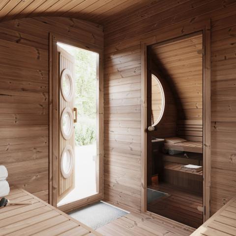 Saunalife Outdoor Hobhouse Barrel Sauna with Changing Room, a perfect oasis for relaxation and rejuvenation in your very own backyard