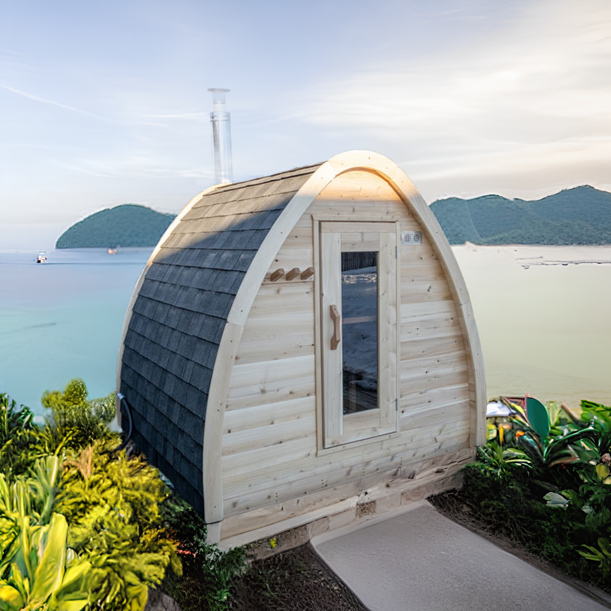 Experience bliss in the Dundalk Leisurecraft 4-Person Canadian Timber Minipod Sauna - Luxury relaxation in a compact wooden sauna pod