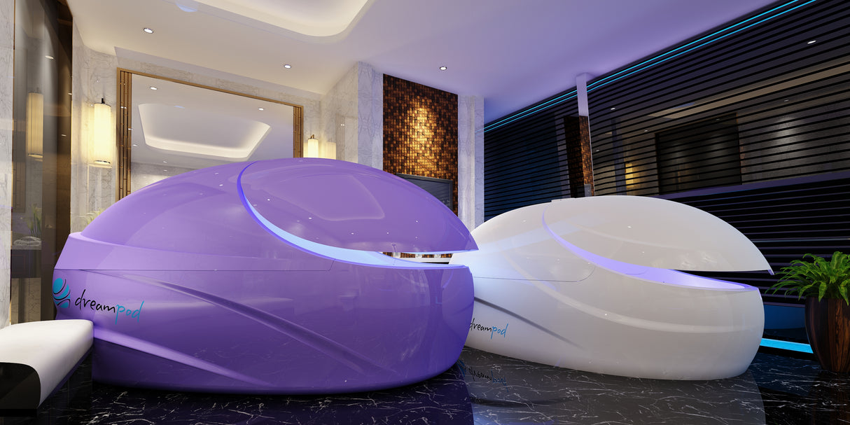 Explore the ultimate sensory deprivation experience with the Dreampod VMAX Float Pod at Aurora Sanctuary - Image of a vivid purple float pod.