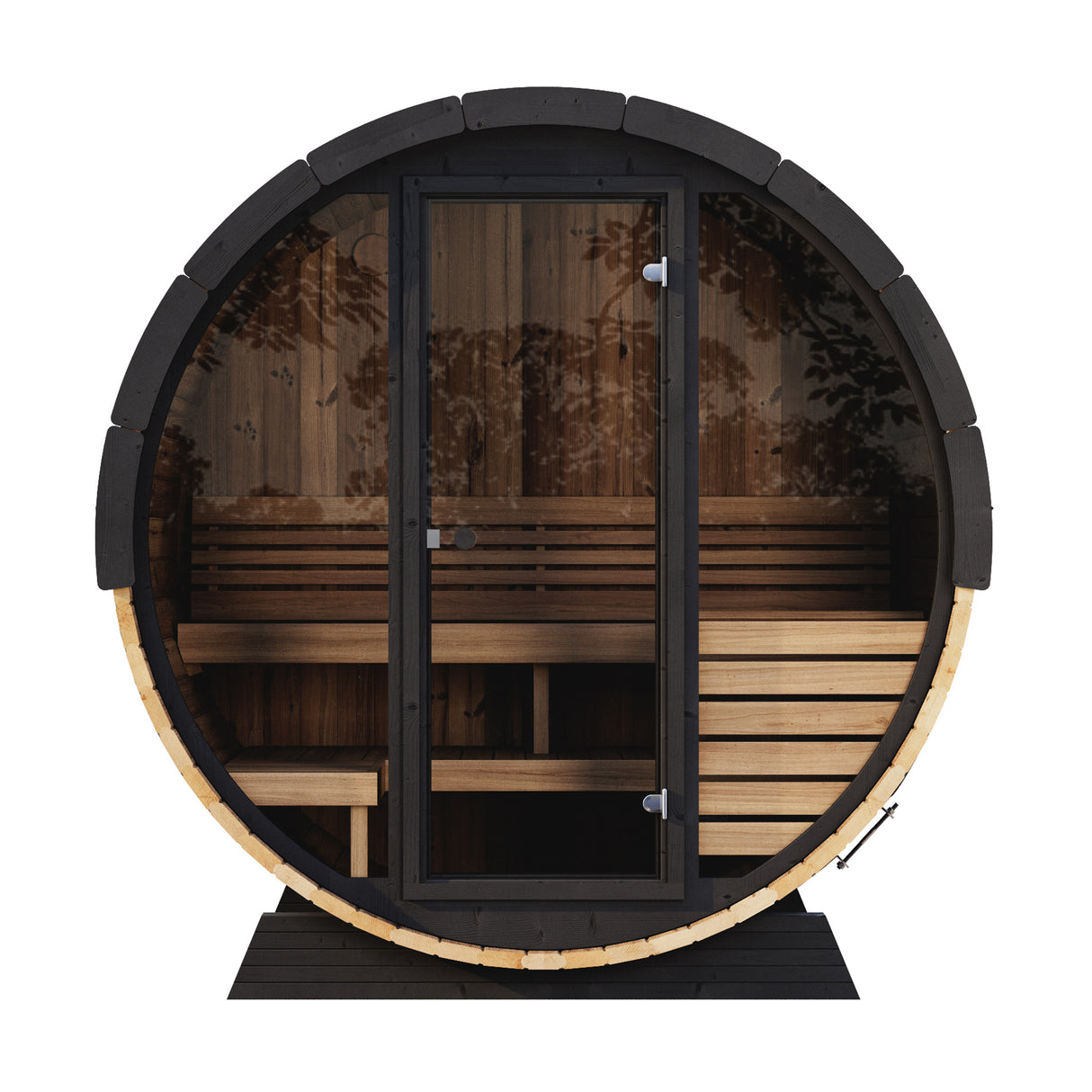 SaunaLife Elegance Series: 4-Person Barrel Sauna in Rustic Setting at Aurora Sanctuary