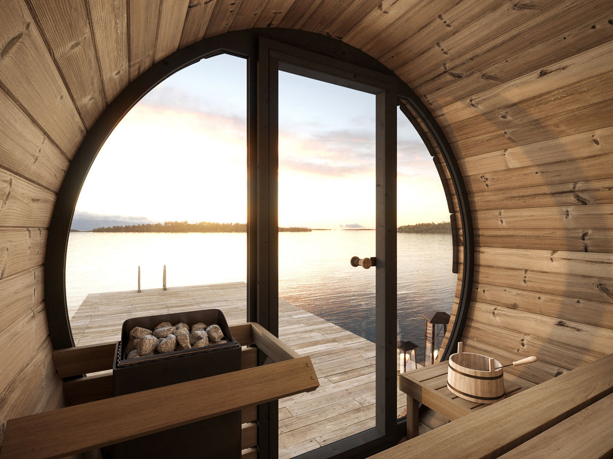 SaunaLife Elegance Series: 4-Person Barrel Sauna interior at Aurora Sanctuary