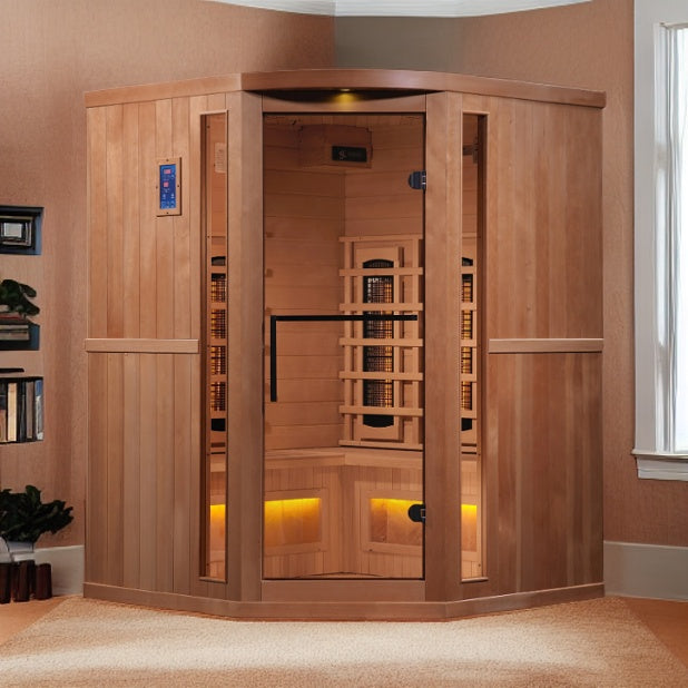 Golden Designs 3-Person Corner Full Spectrum PureTech™ Near Zero EMF FAR Infrared Sauna with Himalayan Salt Bar Canadian Hemlock 