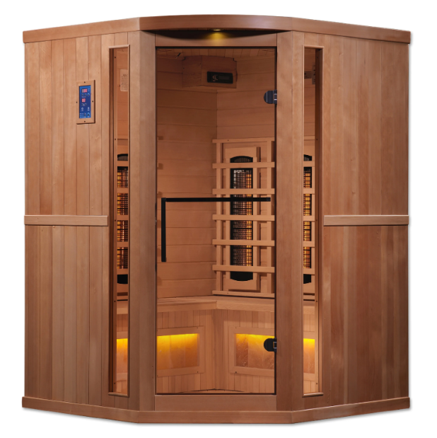 Golden Designs 3-Person Corner Full Spectrum PureTech™ Near Zero EMF FAR Infrared Sauna with Himalayan Salt Bar Canadian Hemlock 
