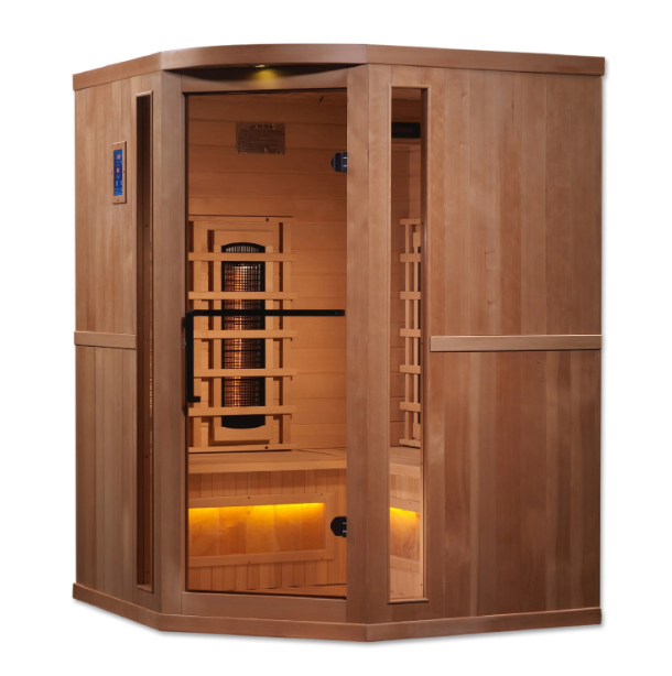 Golden Designs 3-Person Corner Full Spectrum PureTech™ Near Zero EMF FAR Infrared Sauna with Himalayan Salt Bar Canadian Hemlock 