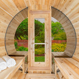 Canadian Timber 4-Person Barrel Sauna - Aurora Sanctuary - Relax and unwind in this high-quality Canadian timber sauna, perfect for up to four people. Experience the ultimate luxury and relaxation in this beautifully crafted barrel sauna at Aurora Sanctuary. Order now for a rejuvenating and soothing experience!