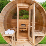 Picture of Dundalk Leisurecraft 4-Person Serenity MP Barrel Sauna, available at Aurora Sanctuary for a relaxing and luxurious sauna experience