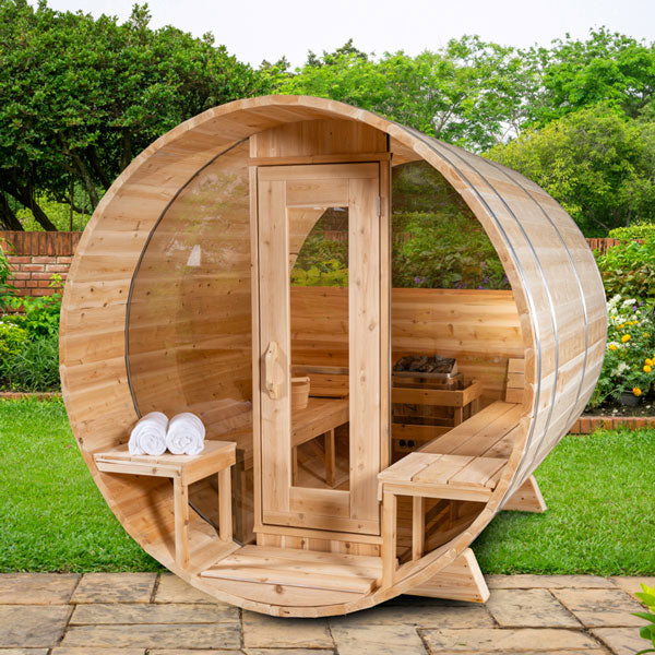 Browse the Dundalk Leisurecraft 4-Person Serenity MP Barrel Sauna at Aurora Sanctuary - premium outdoor sauna for relaxation and wellness