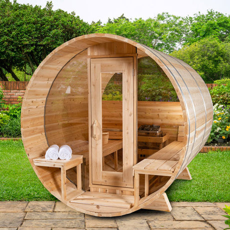 Canadian Timber 4-Person Barrel Sauna at Aurora Sanctuary - Perfect for Relaxation and Health Benefits