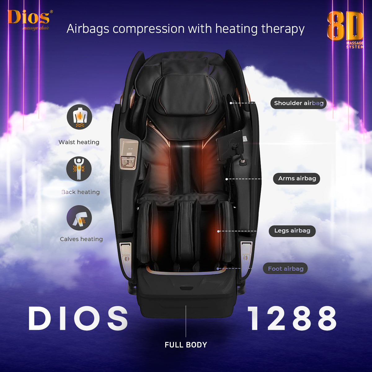 Advanced 4D+@ massage chair demonstrating waist, back, calf, and foot heating functions