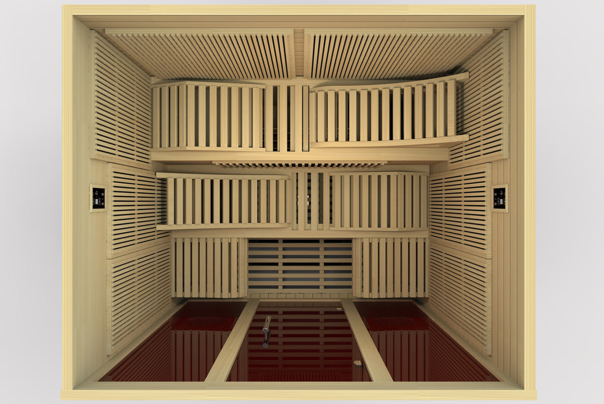 Dynamic Monaco 6-Person Ultra-Low EMF Infrared Sauna: Top view of a luxurious sauna design by Aurora Sanctuary