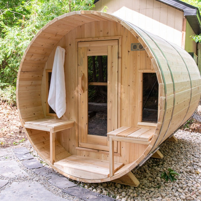 Shop the Dundalk Leisurecraft 6-Person Barrel Sauna at Aurora Sanctuary for a tranquil spa experience